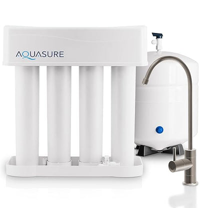 Aquasure Premier 4-Stage RO Reverse Osmosis Under Sink Drinking Water Filtration System | Removes 99% of Contaminants | 75 GPD, Leak-Proof, Quick Change Filters, with Tank & Brushed Nickel Faucet