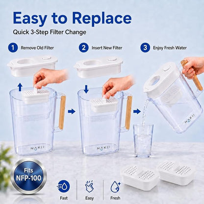 Nakii Genuine Original NFP-100 Replacement Water Filters, Official Nakii Pitcher Filter Refills, 3 Pack, WQA Certified, NSF Grade, 150-Gallon Long Life Filters, Reduces Chlorine, Mercury, Rust & More