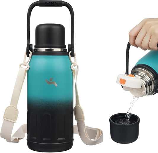 Konokyo Insulated Water Bottle with Handle and Strap,Vacuum Travel Tumbler with Cup Lid,Thermo Coffee Cup for Hot Cold Drinks 40 OZ,TealBlack