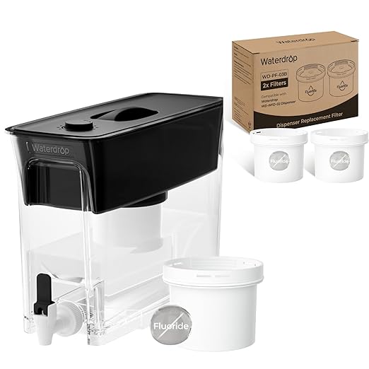 Waterdrop 35-Cup Large Water Filter Dispenser, Fluoride-Reducing, 150-Gallon Long-Life, Reduces Chlorine, PFOA/PFOS and More, BPA Free, Black (with 3 Filters)