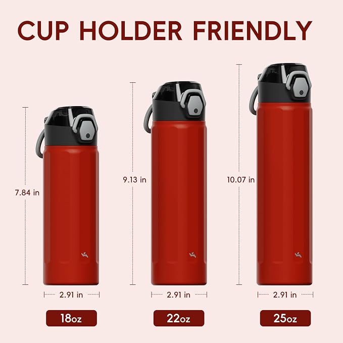 Konokyo FLOWPLAY 25oz Locking Push-Button Water Bottle with Silicone Spout,Leak-Proof,18/8 Stainless Steel Double-Wall Vacuum Insulated for Sports and Travel,BPA-Free,Red