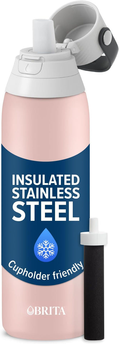 Brita Stainless Steel Premium Filtering Water Bottle, BPA-Free, Reusable, Insulated, Replaces 300 Plastic Water Bottles, Filter Lasts 2 Months or 40 Gallons, Includes 1 Filter, Rose - 20 oz