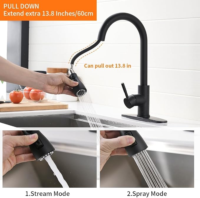 Touchless Kitchen Faucet with Pull Down Sprayer for Kitchen Sink, Single Handle Motion Sensor Faucet with LED Light and Dual-Function Spray, Hands-Free Matte Black