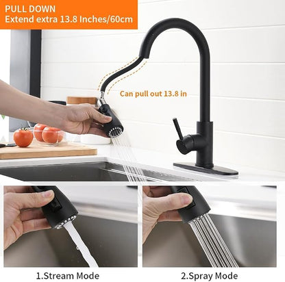 Touchless Kitchen Faucet with Pull Down Sprayer for Kitchen Sink, Single Handle Motion Sensor Faucet with LED Light and Dual-Function Spray, Hands-Free Matte Black