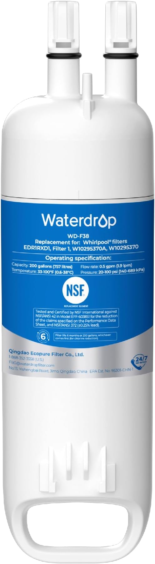 Waterdrop EDR1RXD1 Refrigerator Water Filter | Replacement for Everydrop® Filter 1, Whirlpool® W10295370A, EDR1RXD1B, P8RFWB2L, P4RFWB, WD-F38, Kenmore® 46-9081, 46-9930