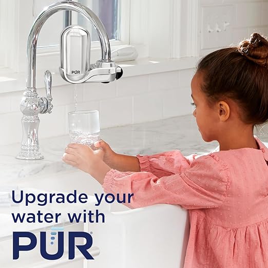 PUR Plus Vertical Faucet Mount Water Filtration System, Lead-Reducing Filter, Great-Tasting, Easy Install, Lasts 100 Gallons, Faucet Water Filter, Compatible with Sinks with External Aerators, Chrome