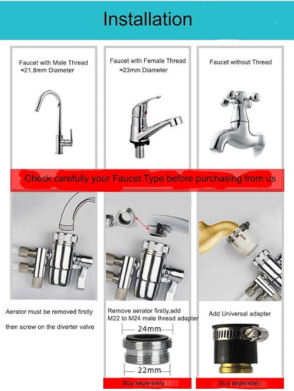 2 Way Kitchen Faucet Diverter Valve/Splitter with Female M22(≈22mm) Thread and 1/4 OD RO Tubing outlet for Counter water Filter