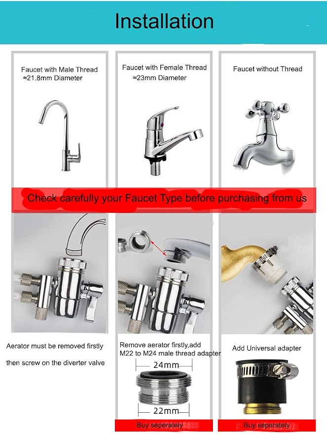 Brass Faucet Sprayer Attachment Sink to Hose Adapter Faucet Splitter with M22 Female Thread and Two Way 3/8 OD RO Tubing outlet for Counter Water Filter
