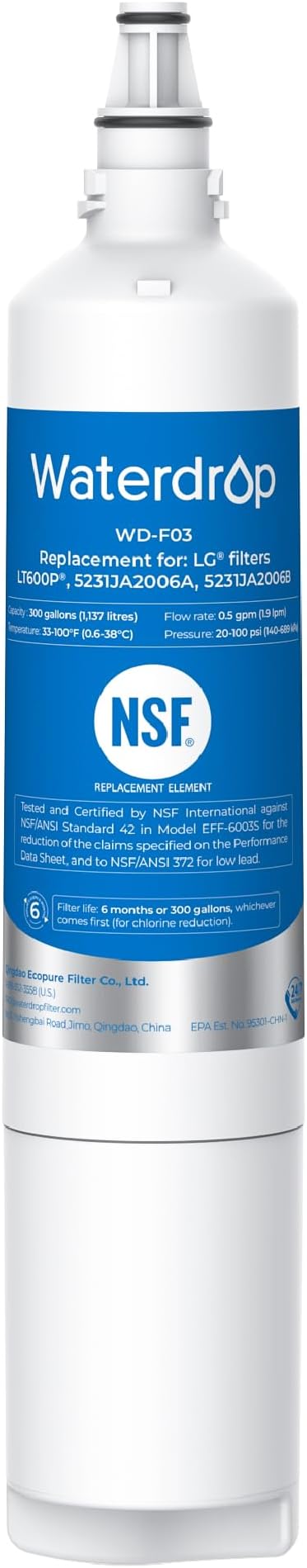 Waterdrop WD-F03 Replacement for LG® LT600P®, KENMORE 9990, 5231JA2006A, 5231JA2006B, KENMORECLEAR 46-9990, WFC2001, LSC27931ST, LFX25960ST, FML-2, RWF1000A Refrigerator Water Filter