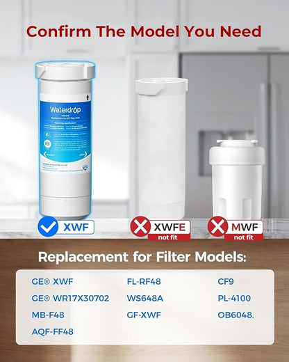 Waterdrop XWF Refrigerator Water Filter, Replacement for GE® WR17X30702, NSF 42/372 Certified, Compatible with GNE27, GFE26, GDE25, GSS25, PSE25 Series Refrigerators, 3-Pack (Not XWFE®)