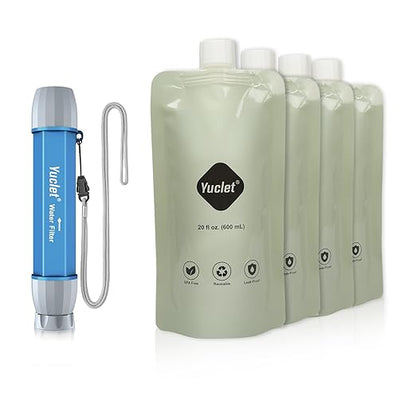 Yuclet Squeeze Water Filtration System with Four 20-Oz Squeeze Pouches and 0.1 Micron Filter Straw, Portable Water Purifier Survival for Camping, Hiking, Backpacking and Emergency Preparedness