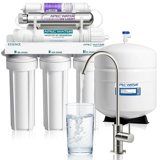 APEC Water WQA Certified 7-Stage Reverse Osmosis Drinking Water Filter System with Alkaline Mineral pH+ Remineralization and UV Water Filter, Ultra Safe Removes 1K+ Impurities, Brushed Nickel, 75 GPD