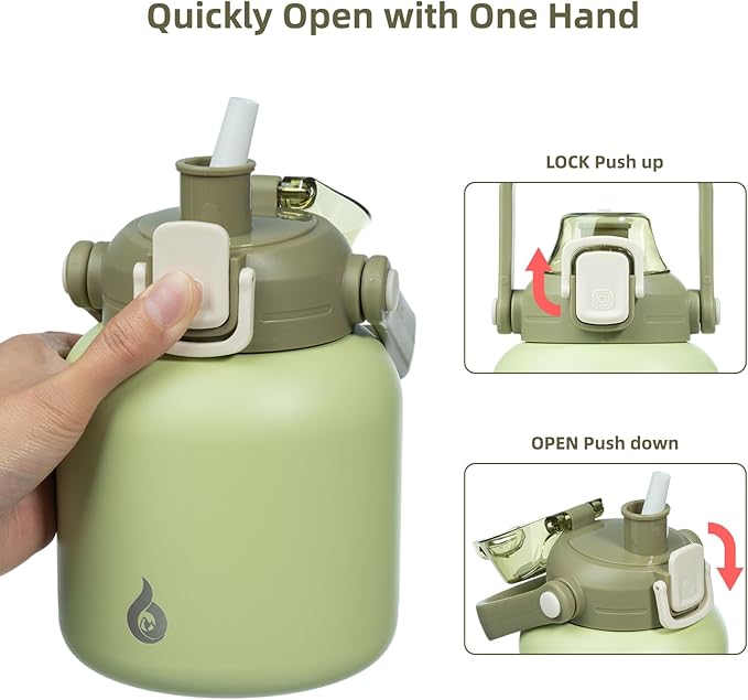 BJPKPK Insulated Water Bottles with Straw, 20 oz Cute Water Bottles with Handle, BPA Free Stainless Steel Metal Jug, Easy Carry Flasks for Men & Women, Light Green