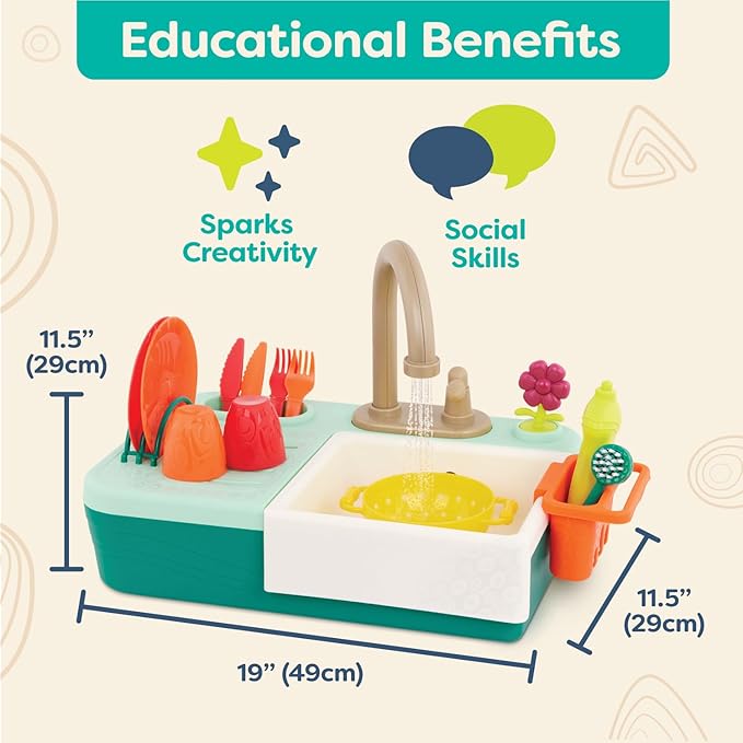 B. toys – Sink Play Set – Toy Kitchen Sink – Faucet & Running Water, Dishes, Play Food – Pretend Play Set for Kids – 3+ Years– Splash-n-Scrub Sink