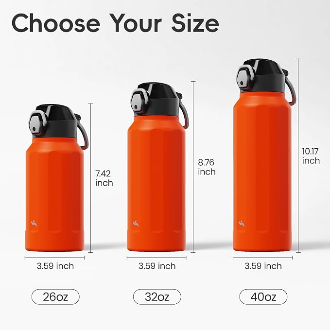 Konokyo FLOWPLAY 26oz Locking Push-Button Water Bottle with Silicone Spout,Leak-Proof,18/8 Stainless Steel Double-Wall Vacuum Insulated for Sports and Travel,BPA-Free,Orange