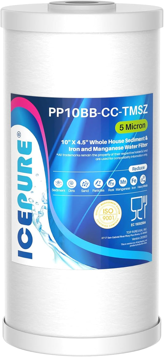 ICEPURE 5 Micron 10" x 4.5" Whole House Sediment and Iron Manganese Resin Water Filter Compatible with GE FXHTC, GXWH40L, RFC-BBSA W50PEHD Whirlpool WHKF-GD25BB GXWH35F GNWH38S Dupont WFHD13001, 1PACK