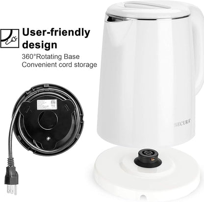 Secura Stainless Steel Double Wall Electric Kettle Water Heater for Tea Coffee w/Auto Shut-Off and Boil-Dry Protection, 1.0L (White) SWK-1001DW/HB-K012