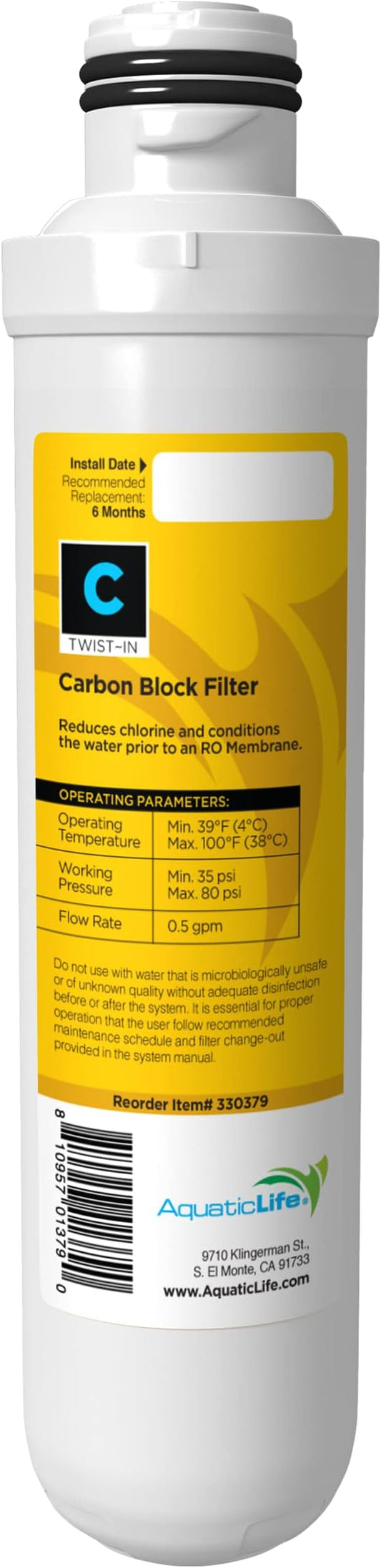 AquaticLife Twist-in Activated Carbon Block Replacement Filter Cartridge for Reverse Osmosis Deionization System RO/RODI Units