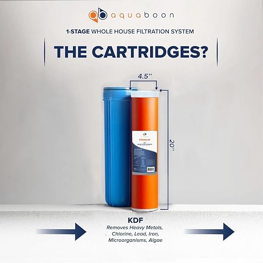 Aquaboon Whole House Water Filter System for Well Water with 5 Micron 20x4.5 KDF Heavy Metals Purification Cartrige | NSF Certified, Pressure Gauges & Releas, Wrench, Bracket 1" NPT