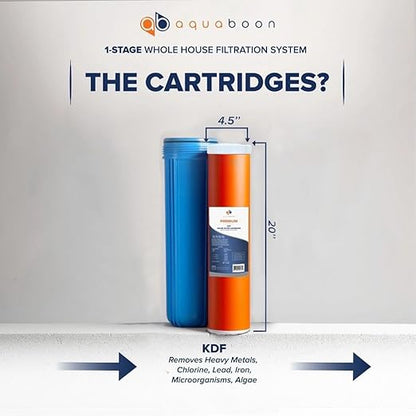 Aquaboon Whole House Water Filter System for Well Water with 5 Micron 20x4.5 KDF Heavy Metals Purification Cartrige | NSF Certified, Pressure Gauges & Releas, Wrench, Bracket 1" NPT
