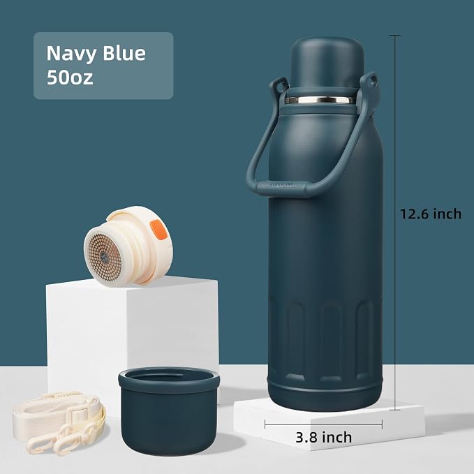 Konokyo Insulated Water Bottle with Handle and Strap,Vacuum Travel Tumbler with Cup Lid,Thermo Coffee Cup for Hot Cold Drinks 50 OZ,Navy Blue