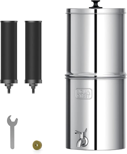 AQUA CREST Gravity Water Filter System, NSF/ANSI 42&372 Certified Black Carbon Filters, Reduce Lead and Up to 99% Chlorine, 2.25G, for Home, Camping, RVing, Off-Grid, Emergencies, AQ-TN-A