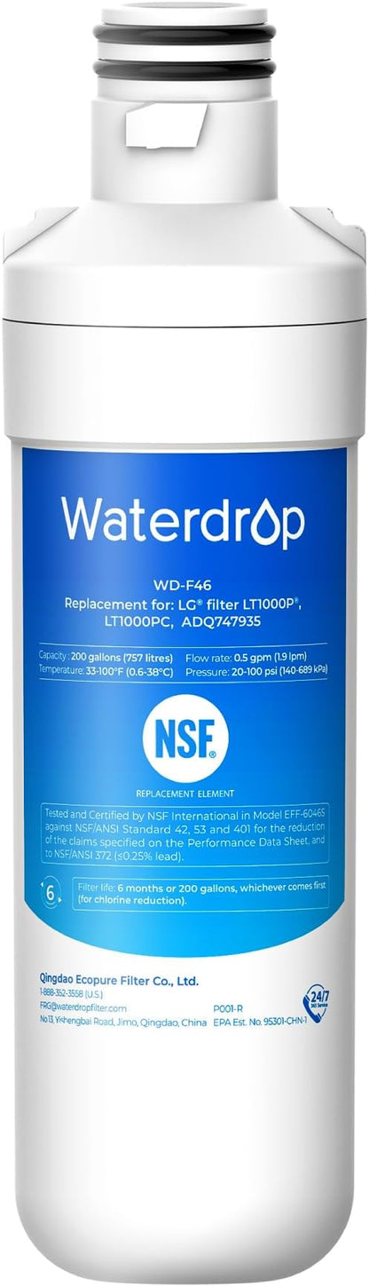 Waterdrop LT1000PC ADQ747935 MDJ64844601 Refrigerator Water Filter, Replacement for LG® LT1000P®, ADQ74793501, ADQ74793502, 46-9980, 9980, LFXC24796S, LSFXC2496D, NSF Certified