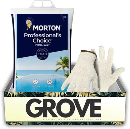 Morton Professionals Choice Granule Pool Salt 40 lb Bundle with Work Gloves – Fast-Dissolving Salt for Softer Water and Comfortable Swimming Experience – Gift Set (2 Items)