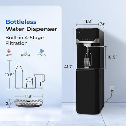 iSpring Bottleless Water Dispenser with 4-Stage Filtration, SGS-Tested 99% of PFAS Removal, Water Cooler Dispenser - Hot, Cold, Room Temp, Self Cleaning, Black, Model: DS4B-PF