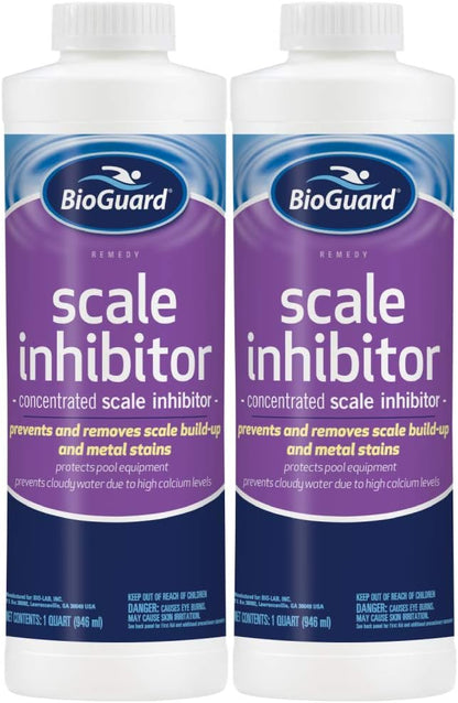 BioGuard Scale Inhibitor, 32 oz, Pack of 2, Concentrated Formula, Prevents and Removes Scale Build-Up and Metal Stains, Protects Pool Equipments