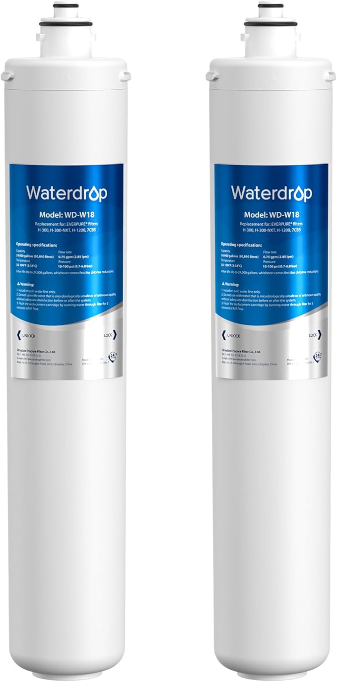 Waterdrop H-300 Under Sink Water Filter, Replacement for Everpure H-300, H-300-NXT, 7CB5, EV9270-71, EV9270-72, EV9618-11, EV9855-50, EV9282-01, NSF/ANSI 42 Certified, 24000 Gallons, 2 Pack
