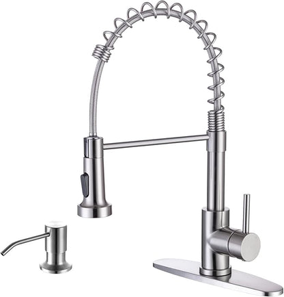 WEWE Kitchen Sink Faucet with Soap Dispenser, Kitchen Faucet with Pull Down Sprayer Stainless Steel Single Handle High Arc Pull Out Brushed Nickel Faucet for Bar Laundry RV Utility Sink