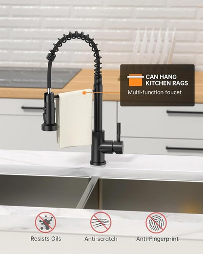 APPASO Black Kitchen Faucet with Soap Dispenser & Pull Down Sprayer | NSF/ANSI/CAN 372 & Lead-free, SUS304 Stainless Steel 3 Modes Faucet for Farmhouse, Bar & RV