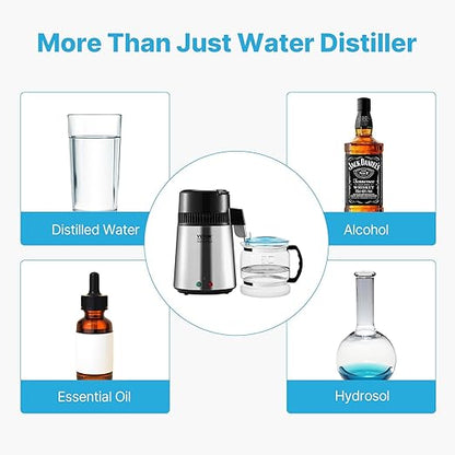 VEVOR Water Distiller, 4L/1.1 Gallon Pure Water Purifier Filter for Home Countertop, 750W Distilled Water Maker, Stainless Steel Interior Distiller Water Making Machine to Make Clean Water, Silver