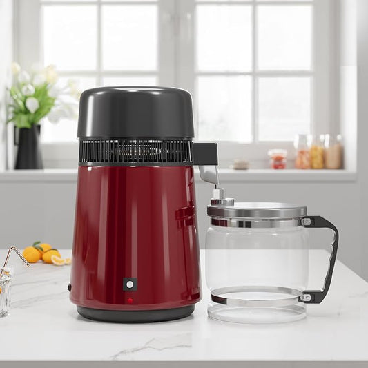 GarveeHome Water Distillers for Home Countertop, 1 gal/4 L Stainless Steel Distilled Water Machine with Glass Container, 750W Desktop Drinking Purifier Filter Distilling Kit, Red