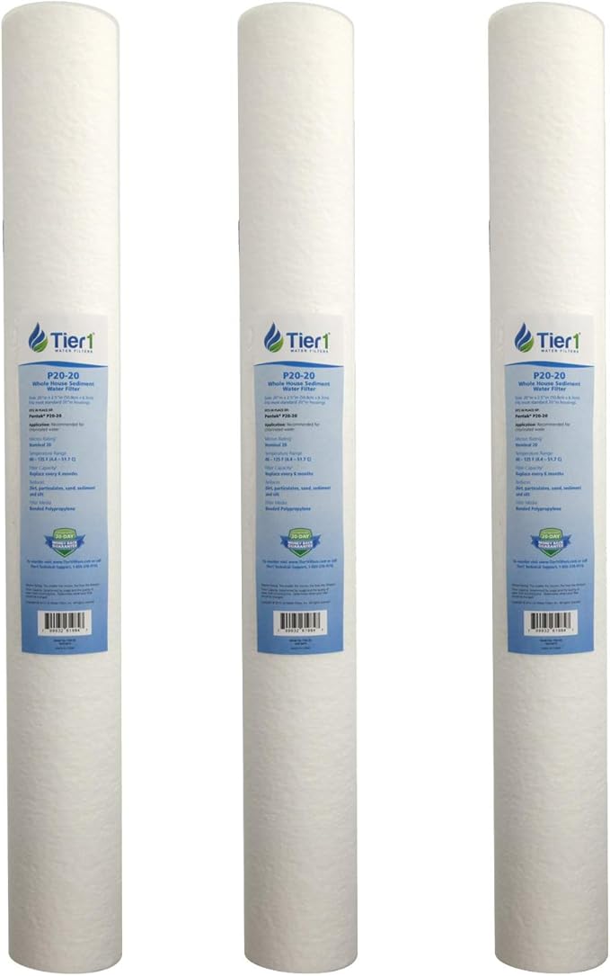 Tier1 20 Micron 20 x 2.5 Water Filter | Spun Wound Polypropylene Whole House Sediment Water Filter Cartridge | Replacement for Pentek P20-20, Purtrex PX20-20 | 2.5 x 20 Whole House Pre-Filter (3-Pack)