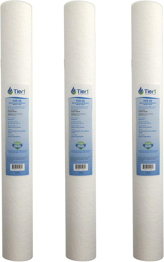 Tier1 20 Micron 20 x 2.5 Water Filter | Spun Wound Polypropylene Whole House Sediment Water Filter Cartridge | Replacement for Pentek P20-20, Purtrex PX20-20 | 2.5 x 20 Whole House Pre-Filter (3-Pack)