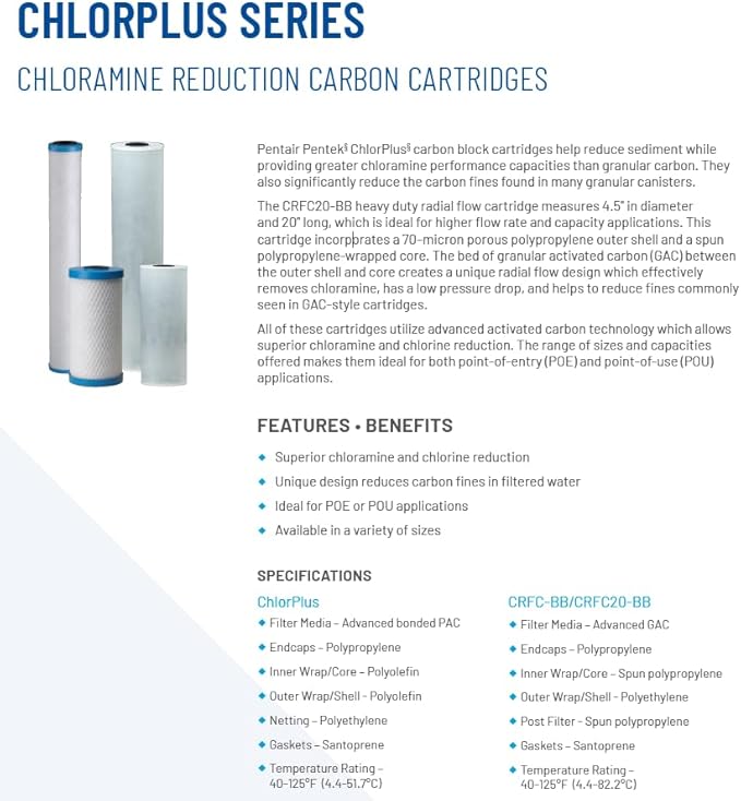 Pentair ChlorPlus Protect 10 Carbon Water Filter, PFAS Water Filter, NSF Certified to Reduce PFOA/PFOS, 10-Inch, Undersink Carbon Block Replacement Cartridge, 10" x 2.5", 1 Micron