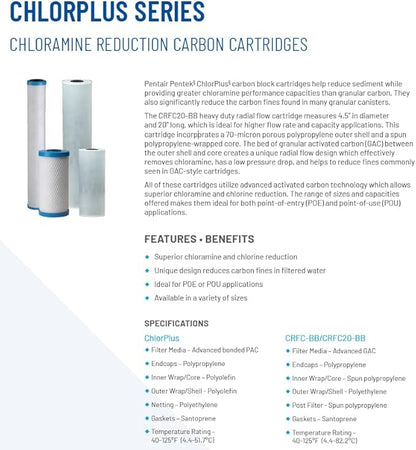 Pentair ChlorPlus Protect 10 Carbon Water Filter, PFAS Water Filter, NSF Certified to Reduce PFOA/PFOS, 10-Inch, Undersink Carbon Block Replacement Cartridge, 10" x 2.5", 1 Micron
