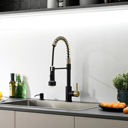 GIMILI Black and Gold Kitchen Faucet with Soap Dispenser Single Hole Pull Down Sprayer LED Faucet, Suitable for Farmhouses, RV, Laundry Room, Outdoor, and Campers. Llave para fregadero de cocina