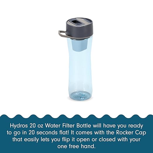 Hydros Water Filter Bottle, 20 Oz, Patented Fast Flo Tech, Dishwasher Safe, 20 Second Quick Fill, Leak Proof, BPA Free, Blue