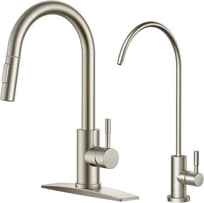 FORIOUS Kitchen Faucet and Water Filter Faucet Combo, Stainless Steel Traditional Sink Faucet with Drinking Water Faucet Fits Reverse Osmosis, Water Filtration System and Pot Filler, Brushed Nickel