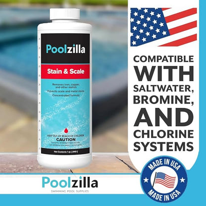 Poolzilla 1 Quart Bottle of Stain & Scale, Removes Iron, Copper & Other Metals, Prevents Staining