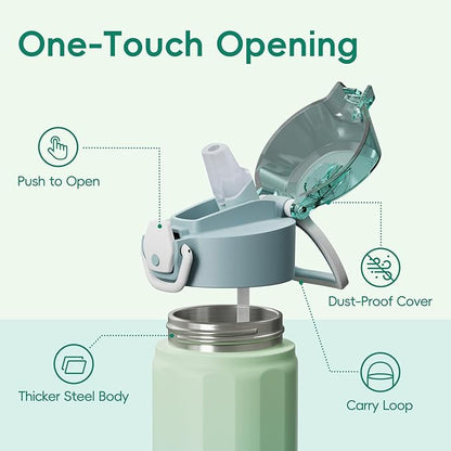 Konokyo FLOWPLAY 25oz Locking Push-Button Water Bottle with Silicone Spout,Leak-Proof,18/8 Stainless Steel Double-Wall Vacuum Insulated for Sports and Travel,BPA-Free,Mint
