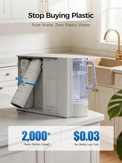 Countertop Reverse Osmosis Water Filtration System, Compact Auto-Fill Dispenser for Home, 4-in-2 RO & CTO Water Purifier, 3.5:1 Pure to Drain Ratio, No Plumbing Required