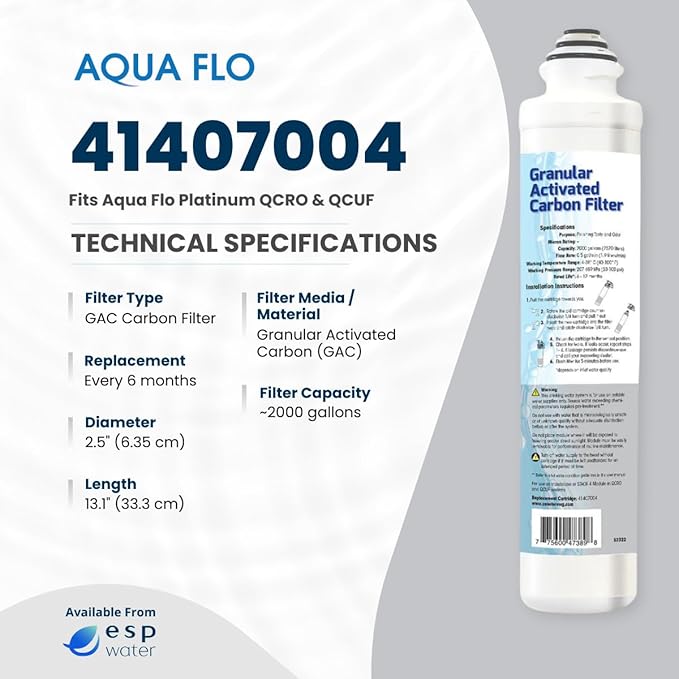 Aqua Flo 41407004 QCRO GAC Carbon Filter Replacement – Quick Change Cartridge for Aqua Flo QCUF 4-Stage Reverse Osmosis Systems, Improves Taste and Odor, 2000 Gallons Filter Capacity, Easy Install
