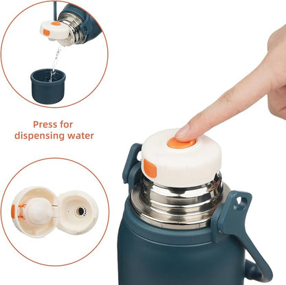 Konokyo Insulated Water Bottle with Handle and Strap,Vacuum Travel Tumbler with Cup Lid,Thermo Coffee Cup for Hot Cold Drinks 50 OZ,Navy Blue