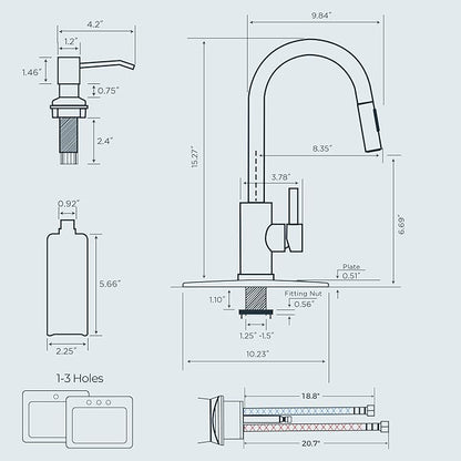 FORIOUS Gold Kitchen Faucet with Soap Dispenser, High Arc Modern Sink Faucet with Pull Down Sprayer and Deck Plate Fit for 1 or 3 Hole for Pot Filler Bar Farmhouse Laundry Rv, Brushed Gold