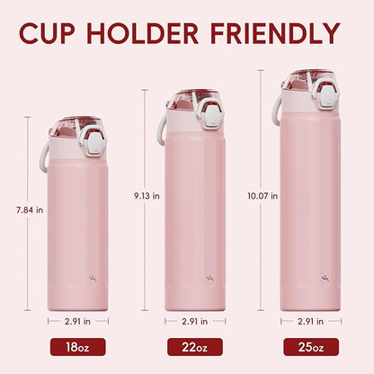 Konokyo FLOWPLAY 22oz Locking Push-Button Water Bottle with Silicone Spout,Leak-Proof,18/8 Stainless Steel Double-Wall Vacuum Insulated for Sports and Travel,BPA-Free,Pink