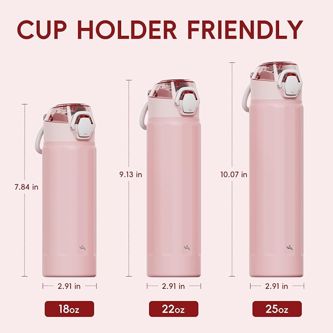 Konokyo FLOWPLAY 25oz Locking Push-Button Water Bottle with Silicone Spout,Leak-Proof,18/8 Stainless Steel Double-Wall Vacuum Insulated for Sports and Travel,BPA-Free,Pink